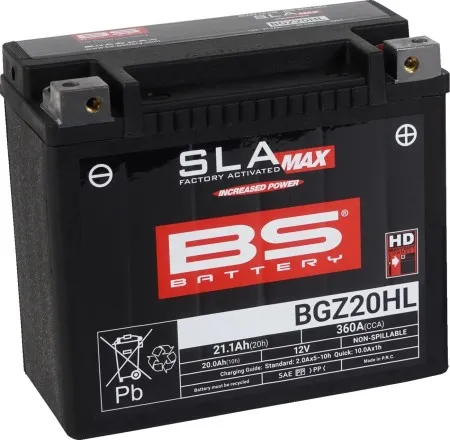 BS Battery BGZ20HL Max AGM Battery 360 CCA For 2000-2025 Softail, 2024-2025 Pan America, 1999-2017 Dyna, 2008-2017 V-Rod 1250cc, 1997-2003 Sportster Models & 1997-2002 Buell M2/S3/X1 (300939)